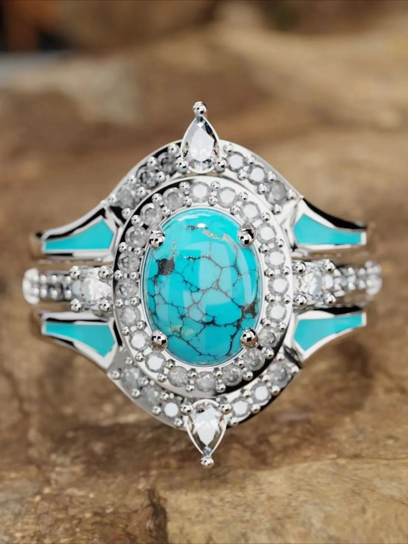 3pcs/ Vintage Court Style Turquoise Ring Jewelry Diamond-Encrusted Design Luxurious & Skin-Flattering The Perfect Self-Love Gift Every Girl Deserves!