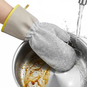 KOMOX Reusable Wire Cleaning Gloves for Kitchen, Non-Scratch Scrub Gloves, Waterproof Heat & Oil Proof Dishwashing Gloves, Leather Cuff Design