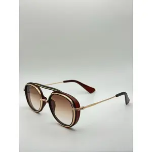 Vintage Pilot Aviator Sunglasses - Brown Gradient Lens, Gold Frame, UV400 Polarized Retro Shades with Personalized Sunglasses Case