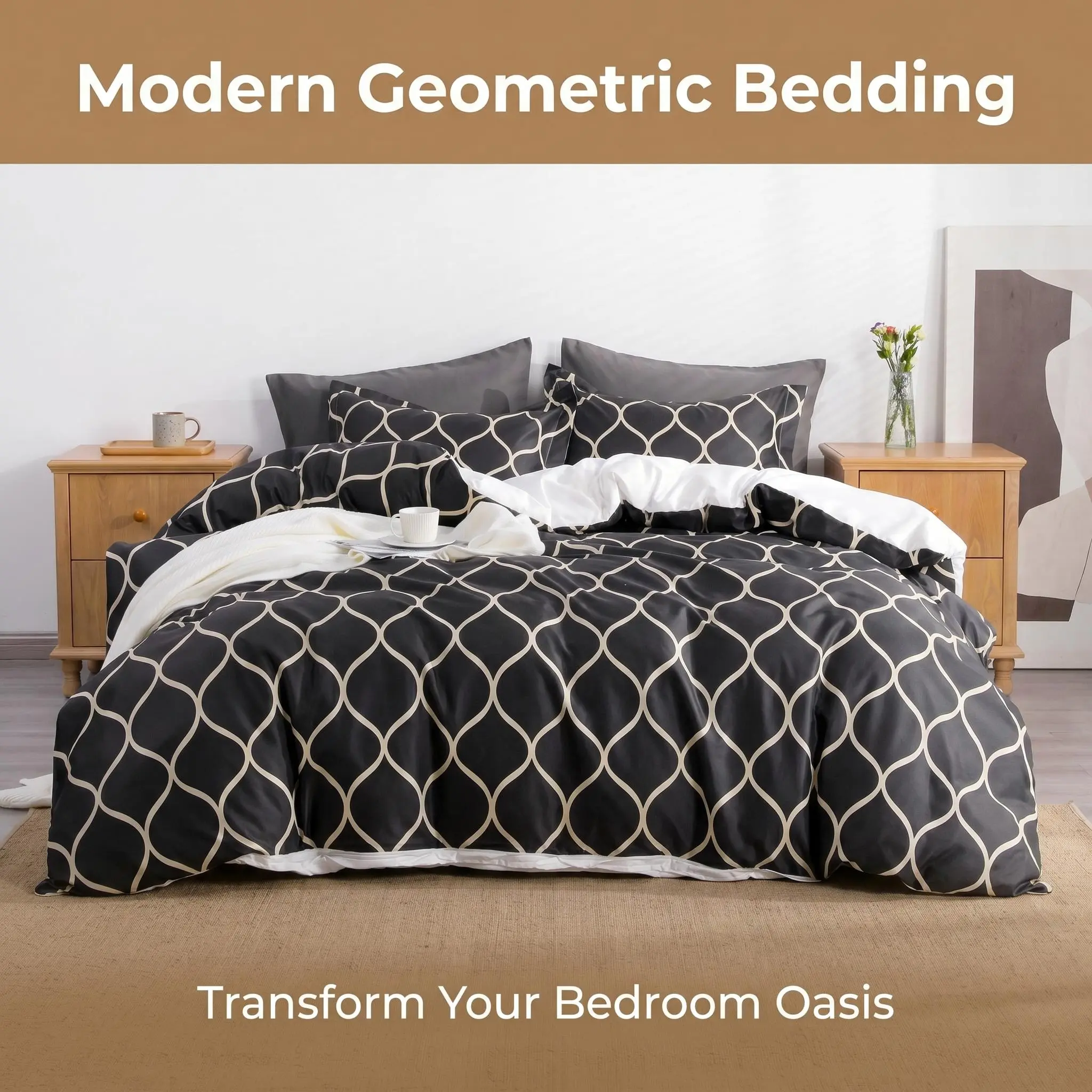 Bedsum 2-3 Piece Reversible Curve Printed Decorative Duvet Cover Set, Black Beige Brushed Microfiber Comfy Bed Sets with Hidden Double Zipper, Corner Ties, Soft Bed Cover & Pillow Shams, All Season Cool Iron Compatible Bedding for Bedroom