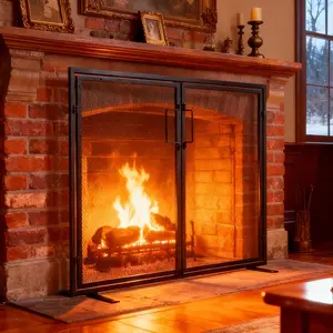 Hinged Door Fireplace Screen, 39" Wide 2-Panel Foldable Spark Guard - 30.7" Tall Wrought Iron Fireproof Gate for Living Room Decor, Black