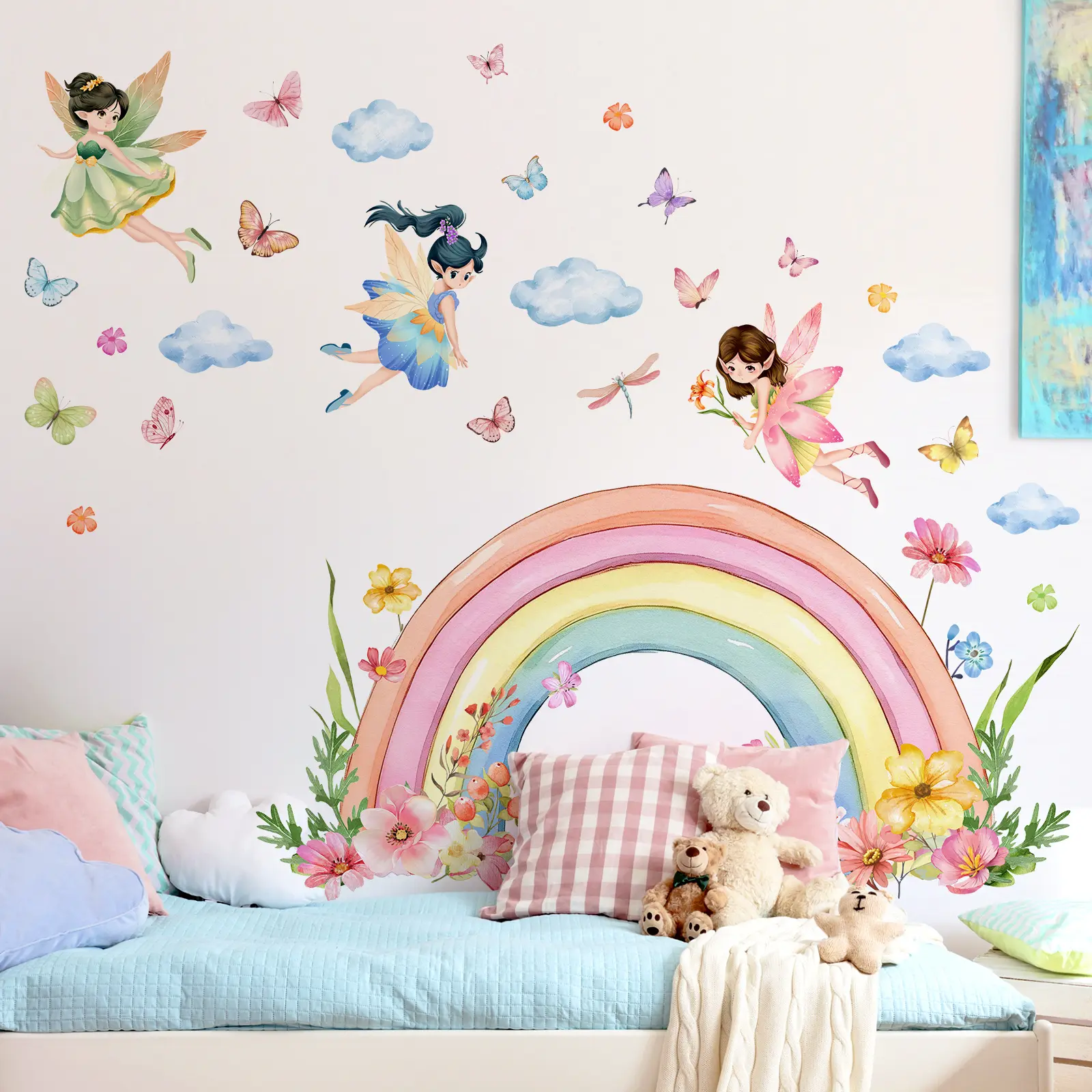 A set (30*90cm*3pcs) rainbow flower fairy elf butterfly nursery wall stickers for living room, hallway, corridor and children's room, home decoration and beautification stickers, Interior Wall Decor, Bedroom Decor