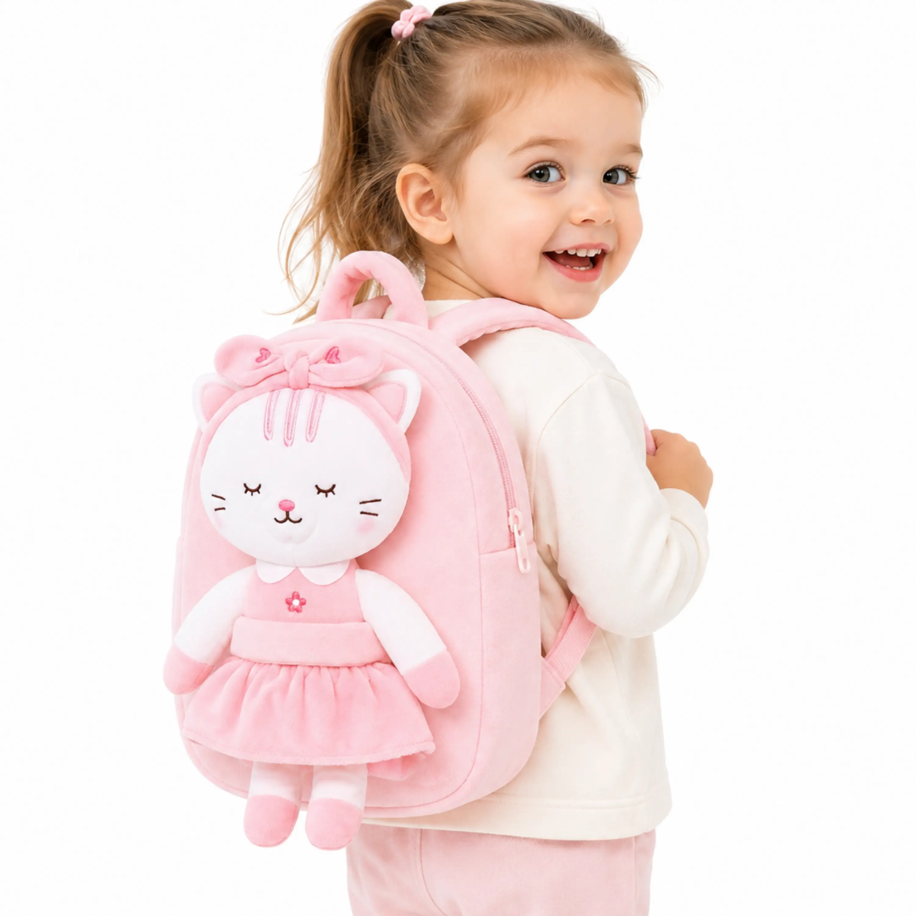 9 Inch Cat Doll Backpack Toddler Girl Toy Plush Baby Doll Backpack Set Preschool School Bag Kindergarten Backpack 2-6 Years Old Girl Gift First Birthday Christmas Gift Nursery Decor Travel Bag for Kids