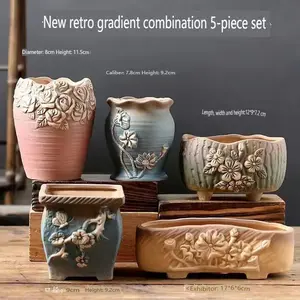 New Retro Gradient Succulent Ceramic Flowerpot 5-Piece Set Creative Combination Breathable Indoor Small Simple Coarse Personalized Clearance Processing New Wholesale Diameter 8cm Height 11.5cm Caliber 7.8cm Height 9.2cm Length