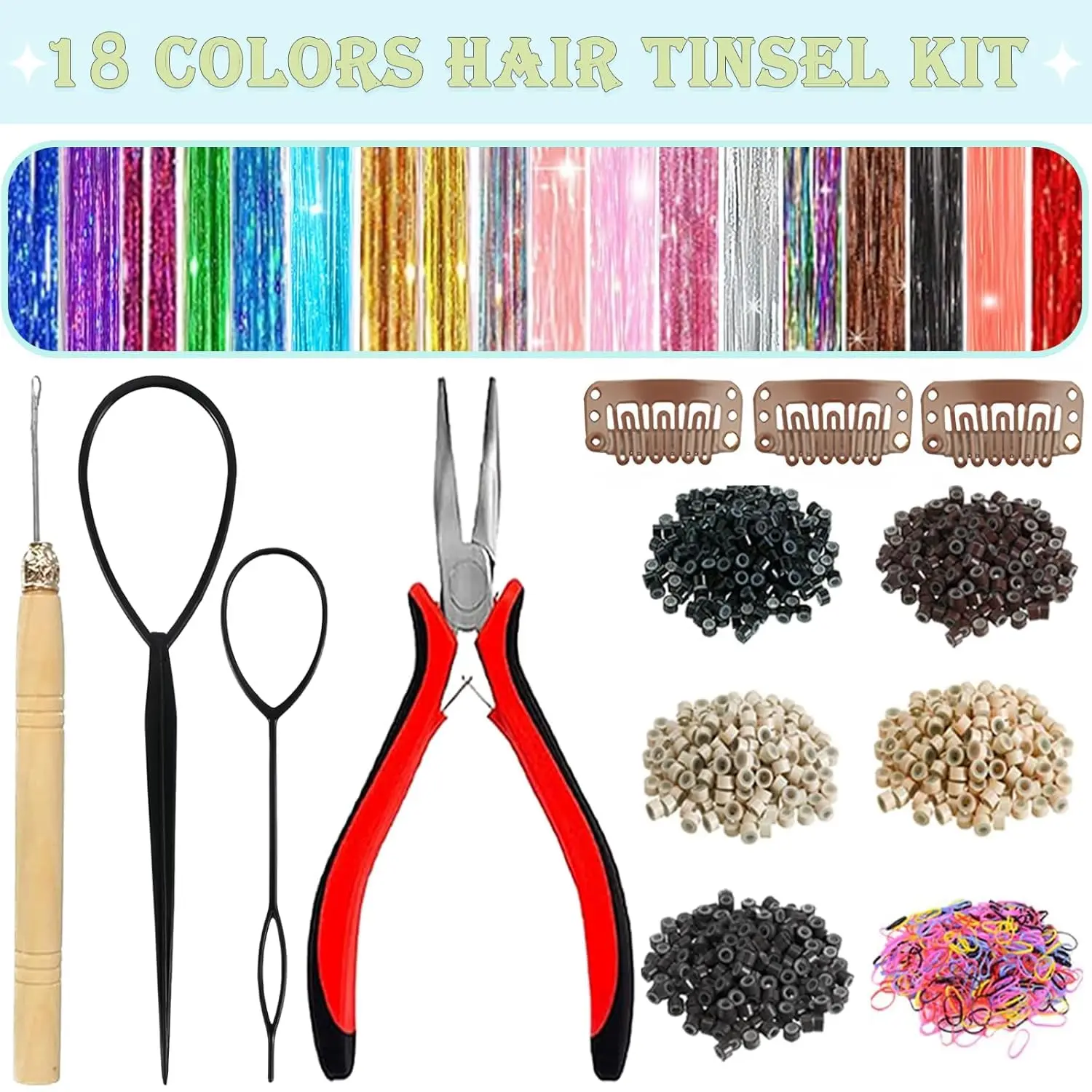 Hair Tinsel Kit for Girls 18 Colors Fairy Glitter Tinsel Hair Extensions | 48 Inch 7600 Strands Holographic Colored Bling Hair Tinsel Heat Resistant Hair Accessories for Women Christmas Party Festival