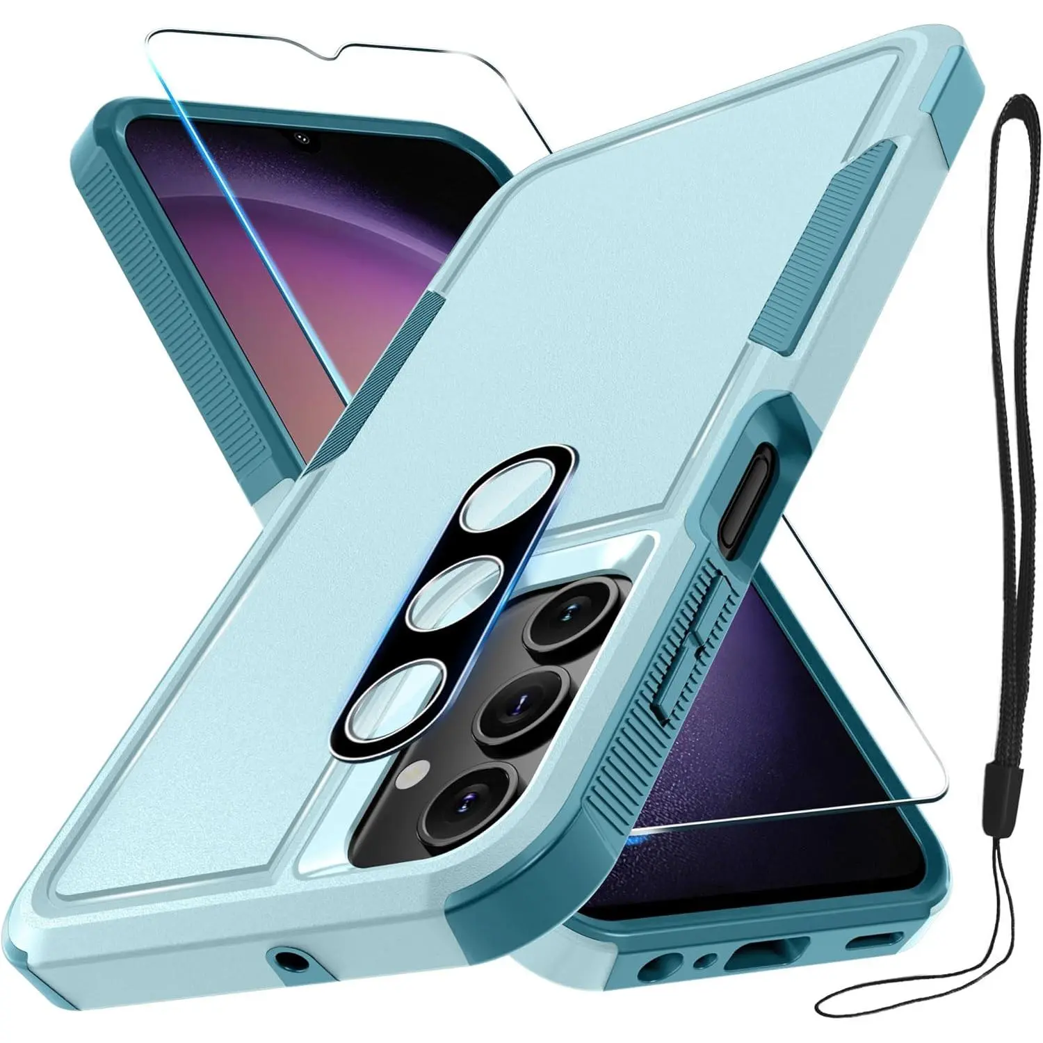 F-PCS42 Smartphone Casing for Samsung Galaxy A15 5G, Full Body Heavy Duty Rugged Shockproof Handheld Cellphone Device Cover with Lanyard Strap, Tempered Glass Screen Protector, Camera Lens Cover, Mint Green, Devices