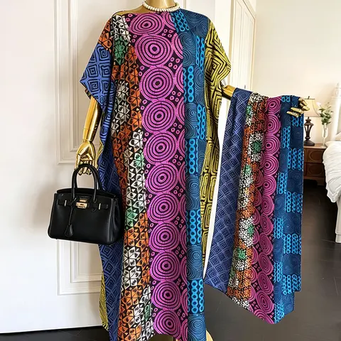 MooMoo Women's 2-Piece Loose Lightweight Smooth Style Kaftan Clothes Set - One Size Batwing Design, Luxe Satin Fabric, Colorful Geometric Patchwork Print, Elegant Cocktail Dress with Matching Scarf, Boho Beach Vacation Wear