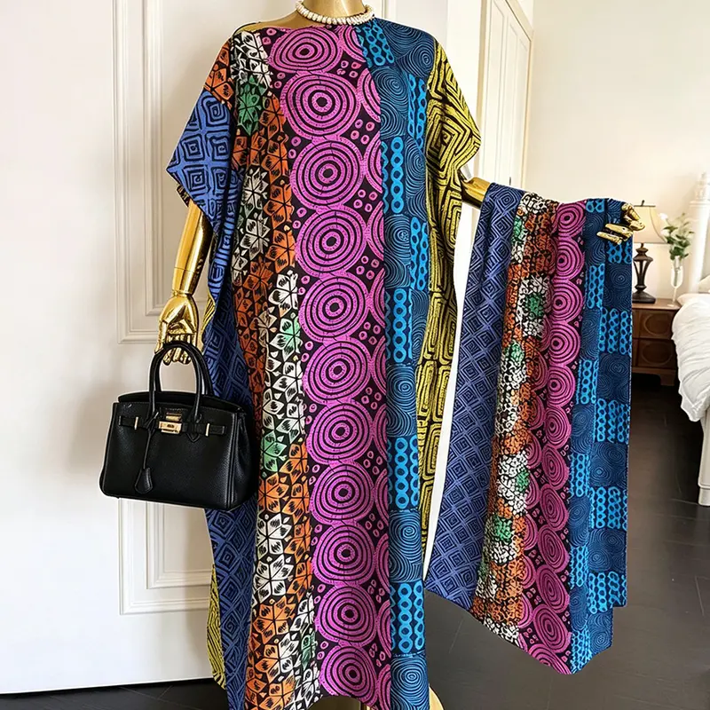 MooMoo Women's 2-Piece Loose Lightweight Smooth Style Kaftan Clothes Set - One Size Batwing Design, Luxe Satin Fabric, Colorful Geometric Patchwork Print, Elegant Cocktail Dress with Matching Scarf, Boho Beach Vacation Wear