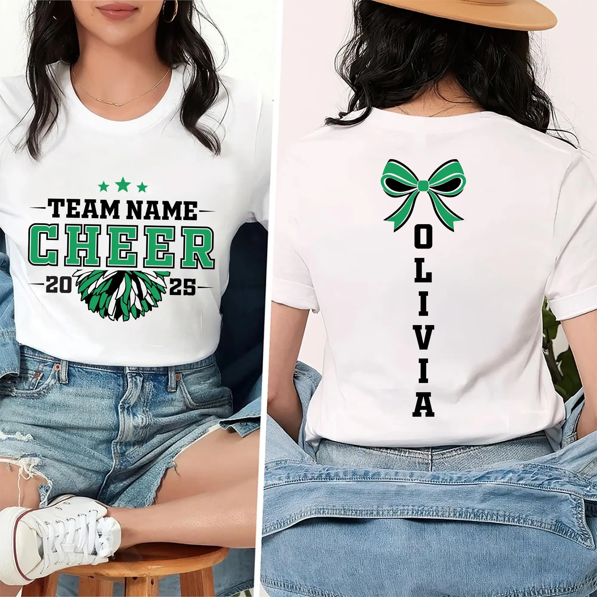 Personalized Cheer Team Name Shirt Custom Cheerleader Gift Tee for Cheer Moms with Name Olivia Front Back Design for Cheer Competitions