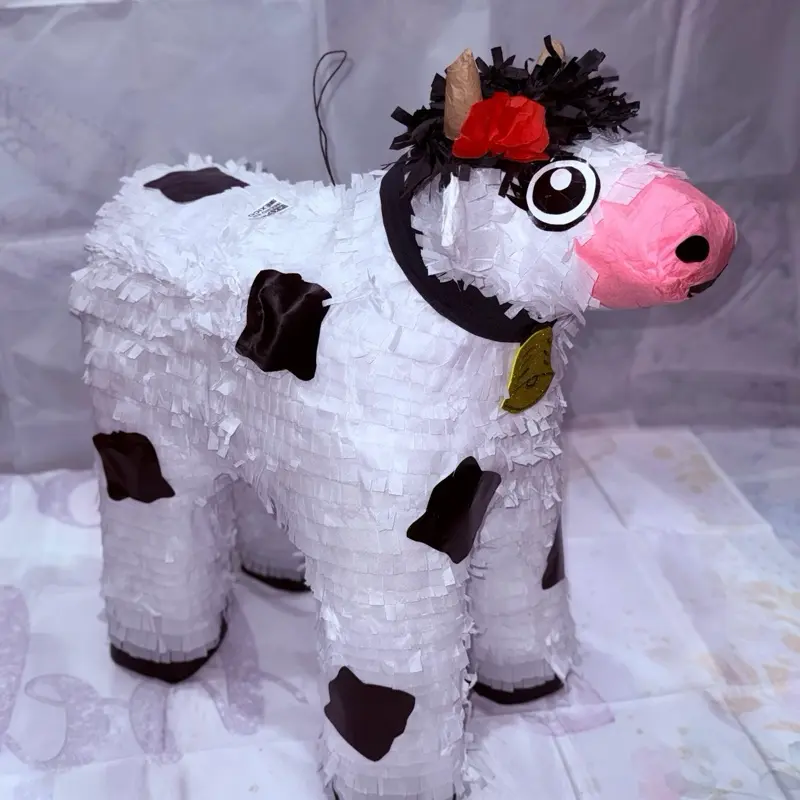 Piñata - Cow Design with Black Spots and Red Flower, Ideal for Parties and Celebrations