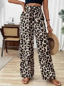 Women's Leopard Print Elastic Waist Wide Leg Pants, Casual Comfy Boho Fashion Trousers for Daily Wear, Ladies Bottoms for All Seasons