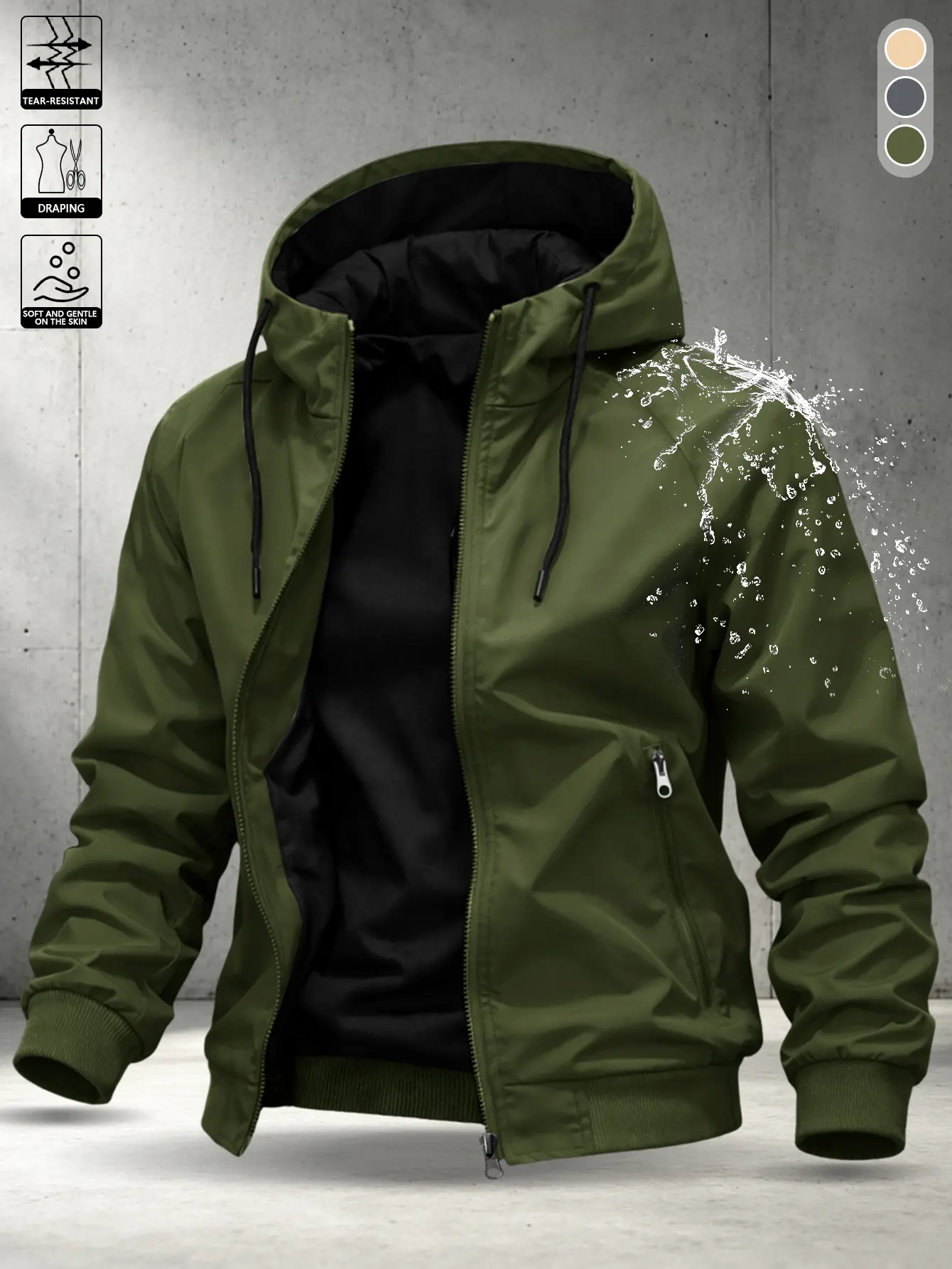 Men’s waterproof, windproof hooded jacket; skin-friendly, smooth feel, lightweight full-zip baseball jacket; casual outerwear with elastic cuffs, hem, and multiple pockets; suitable for hiking, camping, cycling, and everyday commuting; available in three
