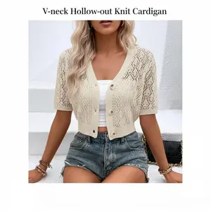 Women's V Neck Plain Hollow Out Button Front Knit Cardigan, Casual Spring Summer Short Sleeve Cute Lightweight Short Cardigan, Fashion Women's Knitwear for Daily Wear, Summer Tops for Women, Short Sleeve Cardigan for Women