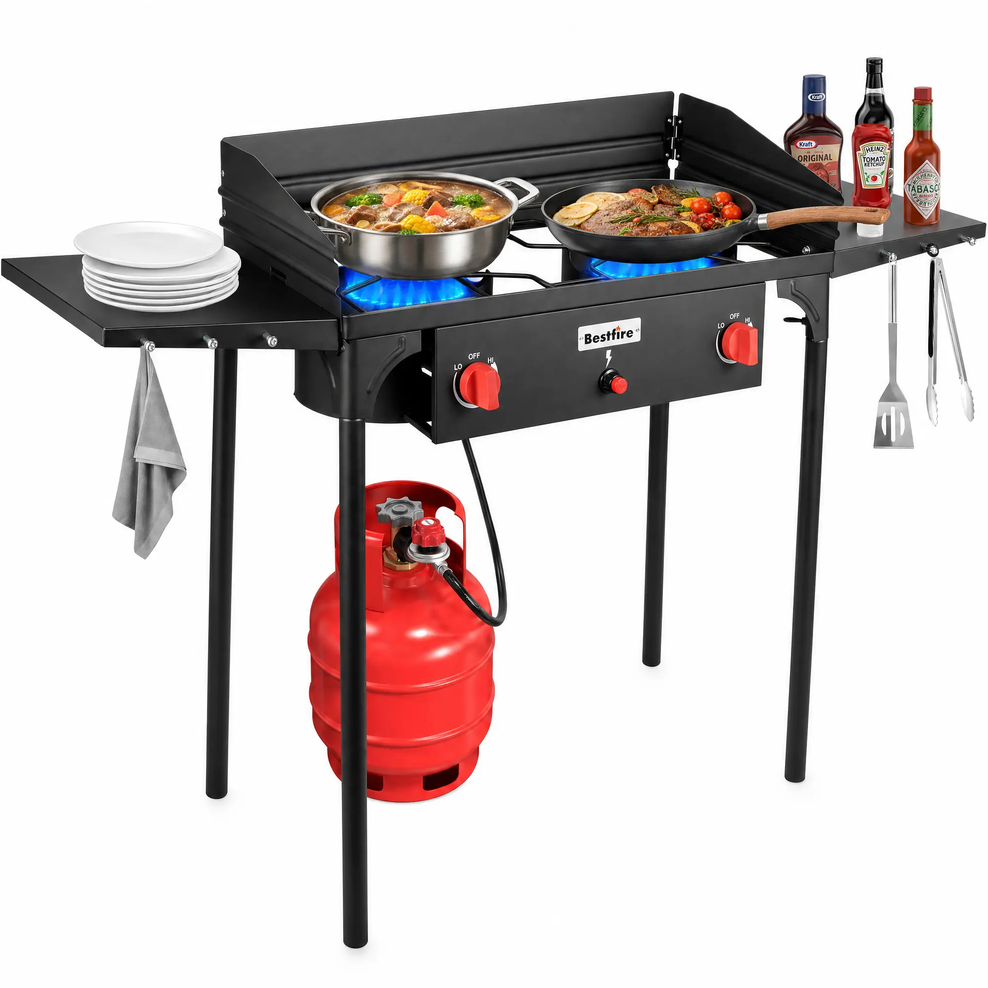 BESTFIRE 150KBTU 2 Burner Propane Camp Stove – Heavy-Duty Outdoor Stove with Removable Legs Side Shelves & Regulator – Perfect for Camping, Backyard Grilling & Turkey Frying picnic barbecue ignition gas cooking brewing patio seafood boil