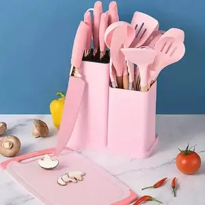 19PC Pink Kitchen Knife & Cookware Set w/ Wood Handles – Chef Knife, Non-Stick Pots & Pans, Silicone Utensils (Steel Spatula, Ladle), Hanging Holes. Celebrate HER Strength:Perfect International Women's Day &Women's History Month Gift! Durable Kitchenware