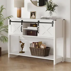 RoyalCraft Farmhouse Entryway Console Wooden Table with Storage Shelves, White