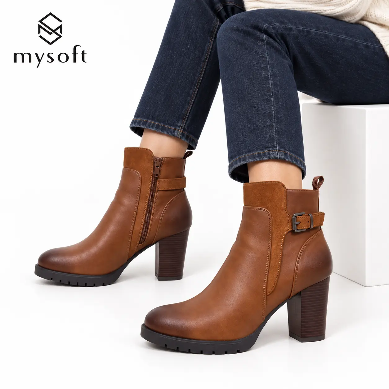 Mysoft Women's Black PU Leather Chunky Block Heel Ankle Boots - Buckle Strap, Platform, Non-Slip, Side Zip Chelsea Booties for Fall, Winter Fashion