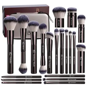 BS-MALL 20 PCS Makeup Brush Set, Double-ended Kabuki Brush, Contoured Foundation Brush, Foundation Contour Brush Eyeshadow Brushes for Liquid Powder Concealer Cream Cosmetics Blending Blush Face Makeup Tools Beauty Travel Brush with Case (Coffee)
