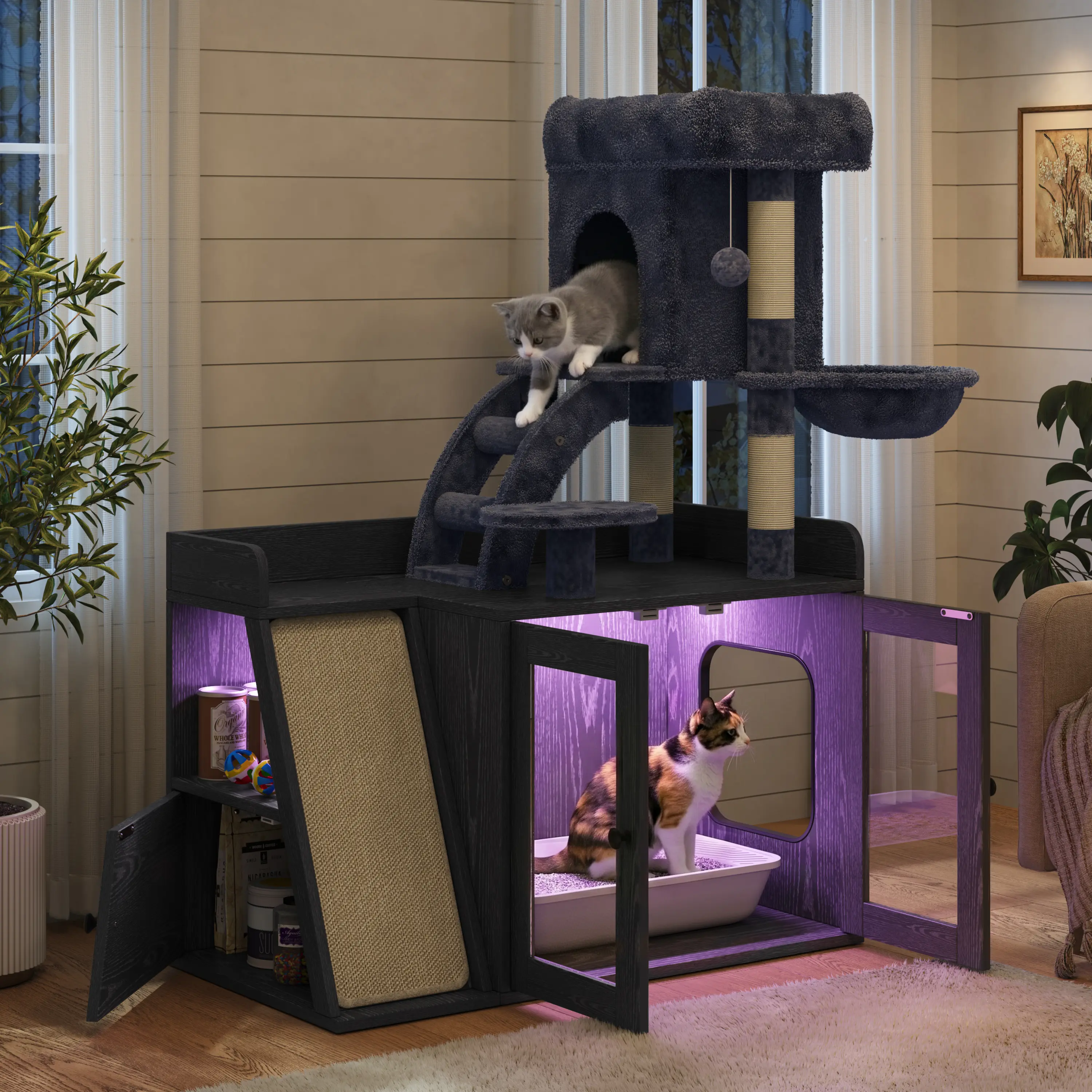【Sub 1 packages】Niccae Litter Box Enclosure with Cat Tree, Hidden Litter Box with LED Light, Sisal Scratching Board and Storage Space, Modular Litter Box Furniture with Condo and Platform, All-in-one Cat Tower