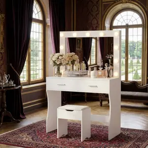 LED Lighted Vanity Desk with Mirror & Chair, Large Storage Drawers and Shelves, Multifunctional Makeup Dressing Table for Bedroom