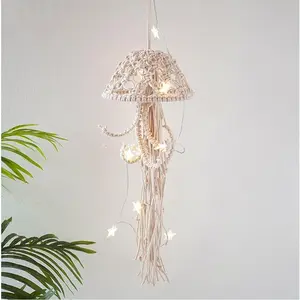 Macrame Wall Hanging Jellyfish Dream Catcher with Star Lights Bohemian Woven Wall Art Decor Beautiful Apartment Dorm Room Door Decoration White