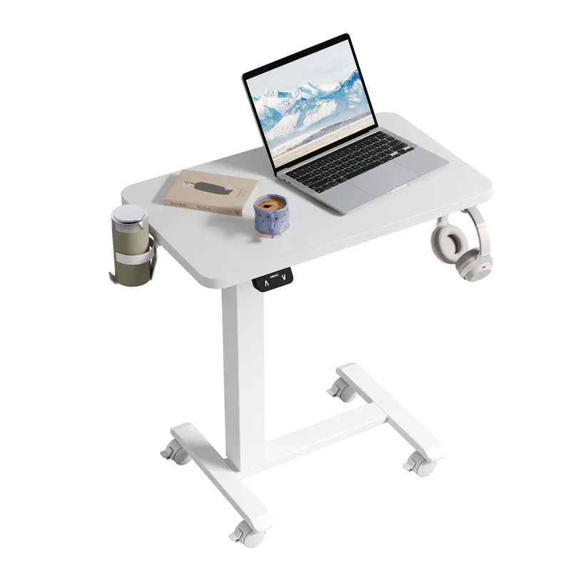 Electric Standing Computer Working Office Desk with Wheels - 26.8x15.7in Height-Adjustable Rolling Home Office Furniture, 88lb Capacity, Cup-Holder Ease, Hook, Space-Saving Ergonomic, Assembly Required, Bedroom Use