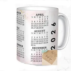 2026 Calendar Coffee Mugs 11 oz & 15 oz White Ceramic Heat Transfer Printed as a Gift for Family, Friends, Colleagues... Microwave and Dishwasher Safe.