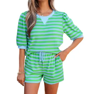Asvivid Women's Stripe Puff Short Sleeve T Shirt Top and Drawstring Elastic Waist Short Matching Shorts Set Casual Cute Spring Clothes Summer Outfits summervibes