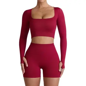 Two Piece Workout Set for Women Long Sleeve Top Matching High Waist Scrunch Butt Shorts Gym Sets Yoga Outfits