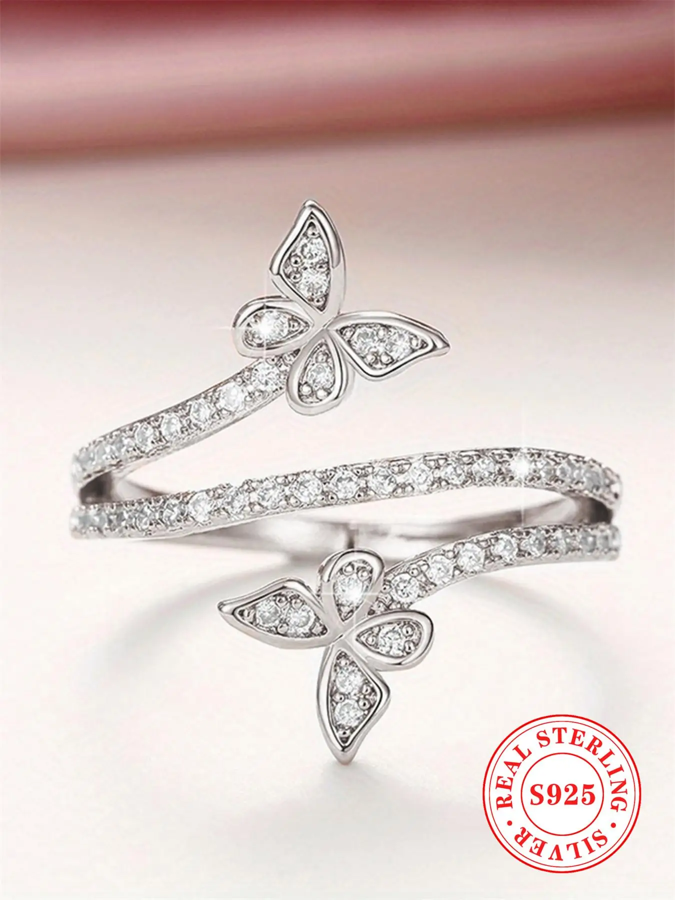 925 Sterling Silver Fashion Rhinestone Decorated Tiered Layered Ring, Fashion Butterfly Design Jewelry for Party, Daily Decor, Trendy All-match & Exqu