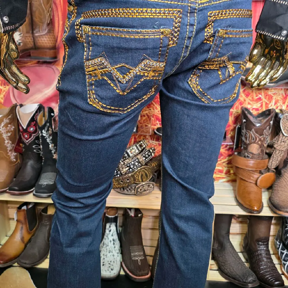 Centenario Men's Stretch Jeans in Navy Blue with Gold Embroidery and Classic Fit