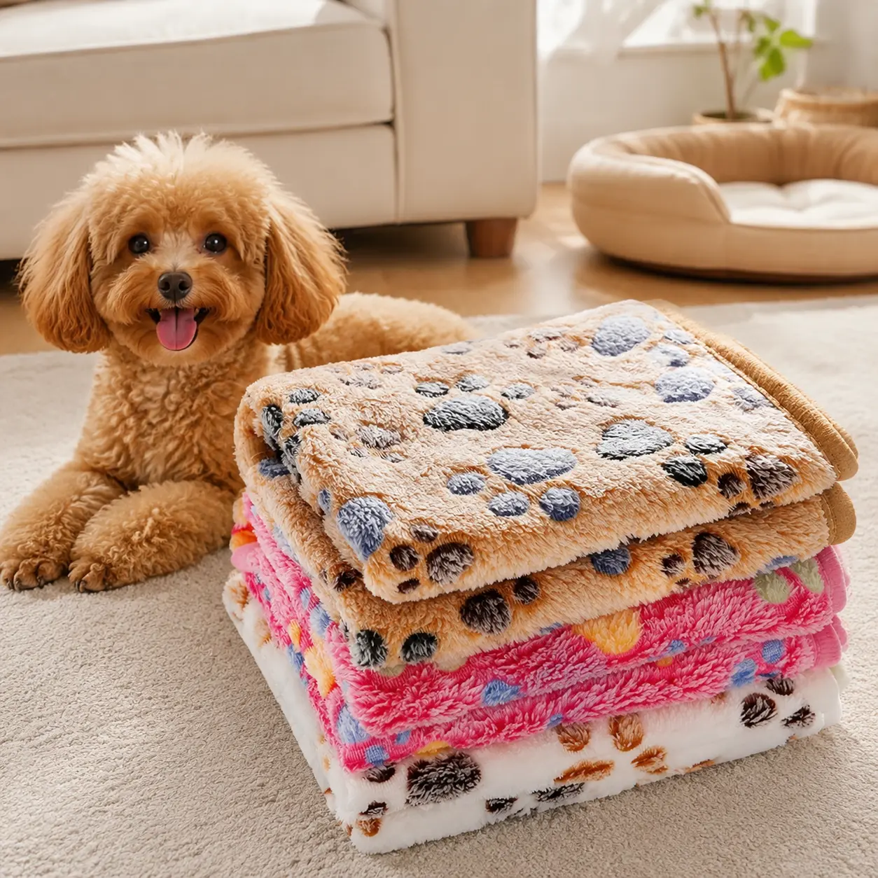 Premium Soft Fluffy Fleece Pet Blanket Pack (1 Pack, 3 Blankets) - Flannel Throw for Dogs, Cats, Puppies - Paw Design, Brown/Pink/White, Small (23x16 in)