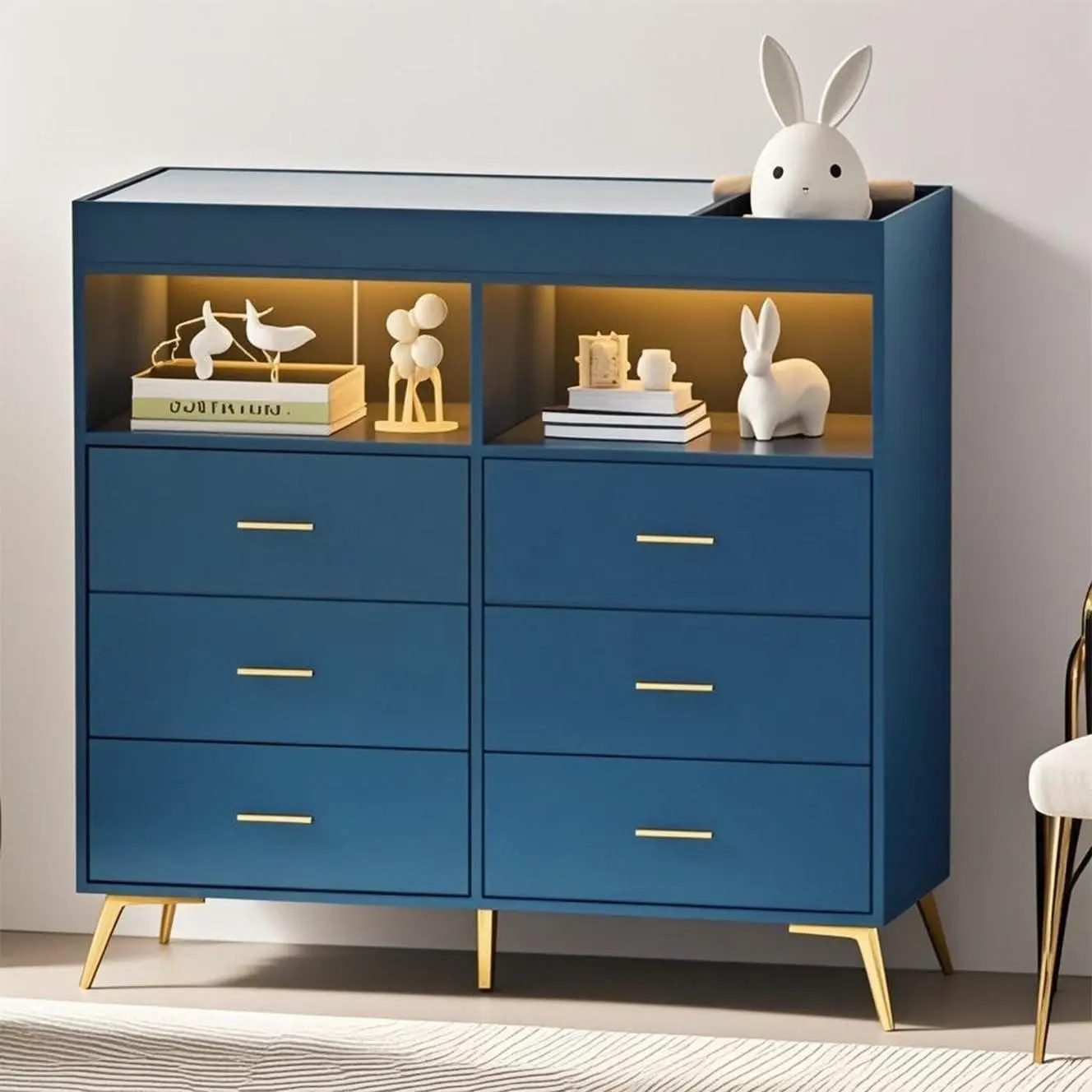 GARVEE Baby Changing Table Dresser with 6 Drawers, Baby Nursery Dresser, LED Lights & Charging Station – Multifunctional Nursery Dresser with Removable Changing Top, Anti-Tip Design, Blue