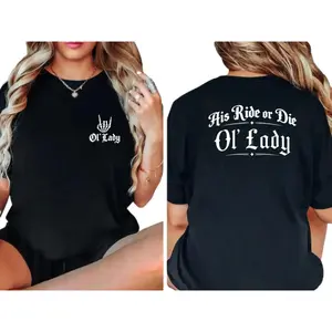 Women's Cotton Tshirt - Short-Sleeve, Comfortable Fabric, Printed "His Ride or Die Ol’ Lady" Biker Top, Western Gothic, Casual Everyday Statement Motorcycle Shirt with Pocket B0626