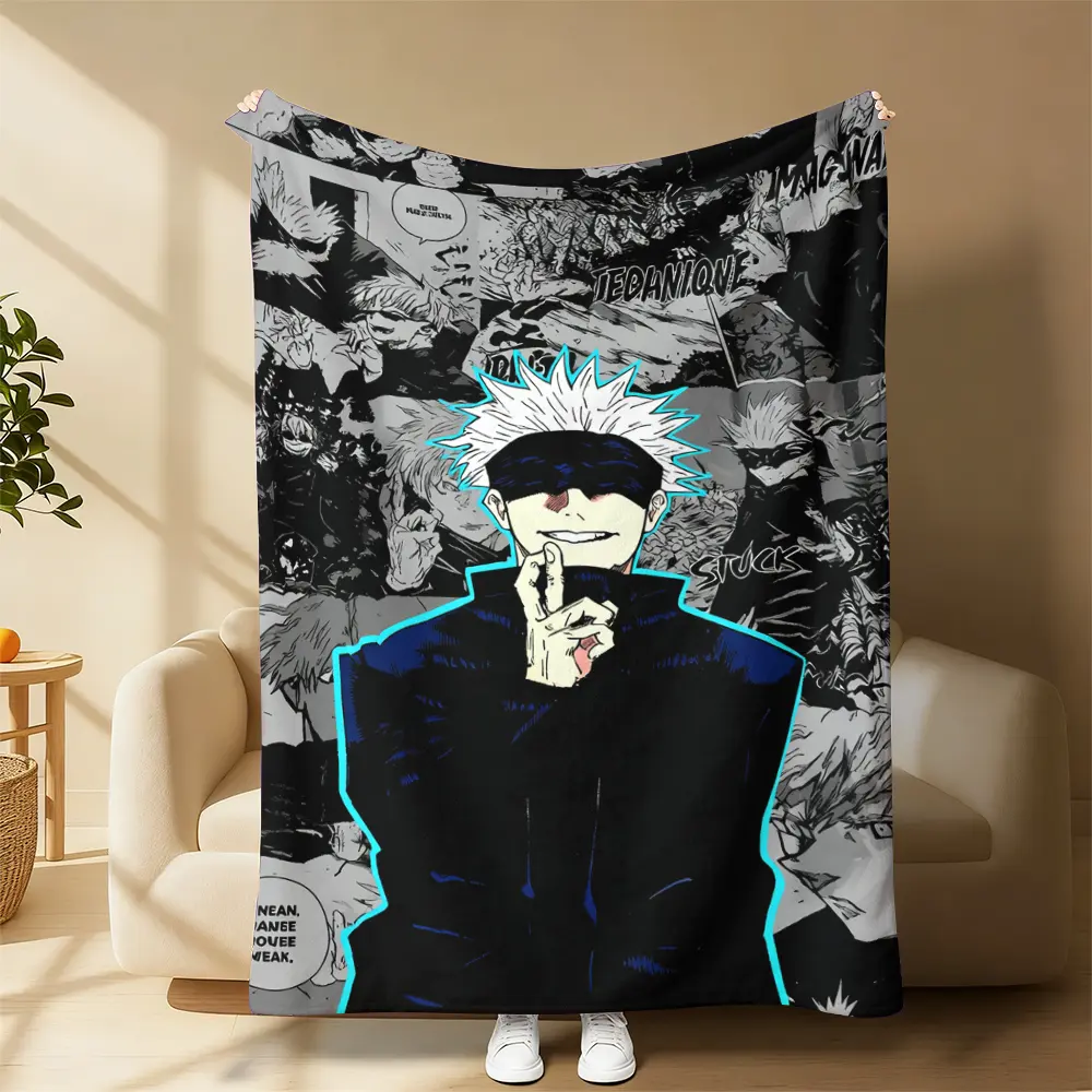 Throw Blanket, Flannel Fleece Lap Blanket with Satoru Gojo Jujutsu Kaisen Manga Panel Collage Print, Multi Use Blanket for Bed Sofa Couch Indoor Outdoor Camping, Decorative All Season Birthday Gift Blanket for Anime Fans Teens & Young Adults