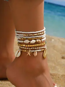 Women's Fashionable Boho Style Summer Beach Shell Starfish Anklet Set, trendy fashionable accessories, Glass Bead Chain Jewelry, Versatile Footwear Accessory