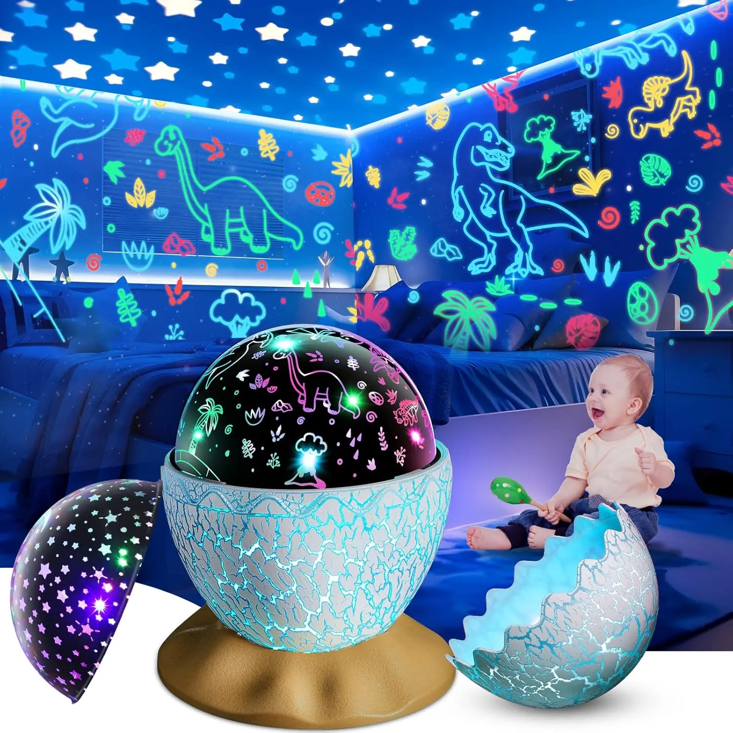 Dinosaur Egg Night Light Toys 2-in-1 Dino &  Projector for  3-5 6 7 8 9 10 Year Old Boy Girls Nights Lights Lamp Boys Birthday Gifts for   3-12