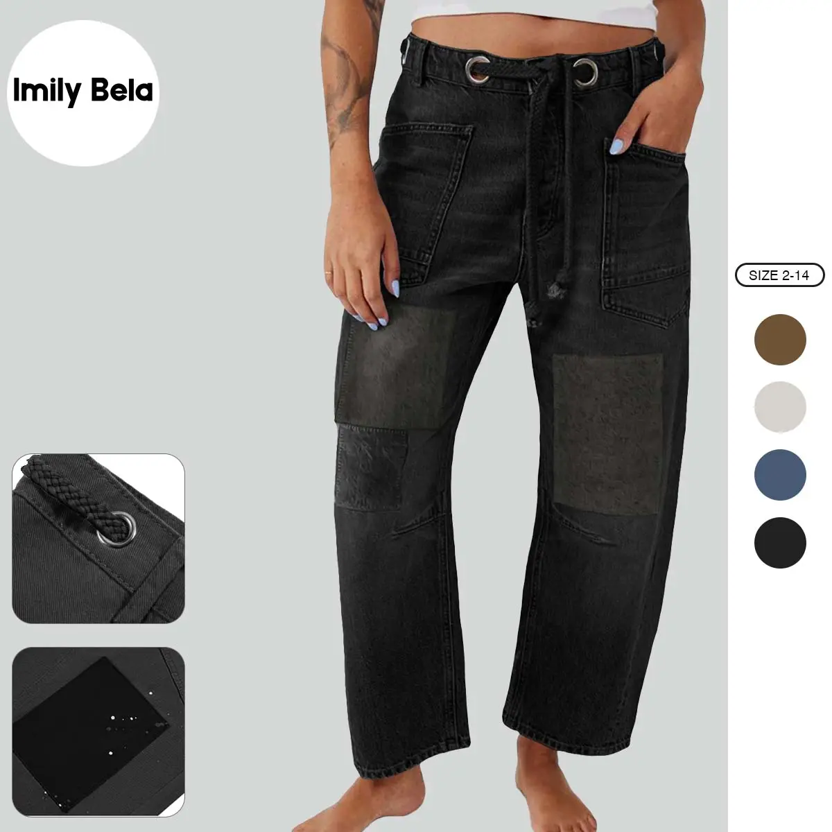 Imily Bela Women's Barrel Horseshoe Jeans - Low Rise, Baggy Wide-Leg Pants with Unique Paint Splatter, Patchwork, Oversized Pockets, Drawstring, Tapered Silhouette, 90S Grunge Style Fit-Inclusive Casual Streetwear Bottoms,sohochic