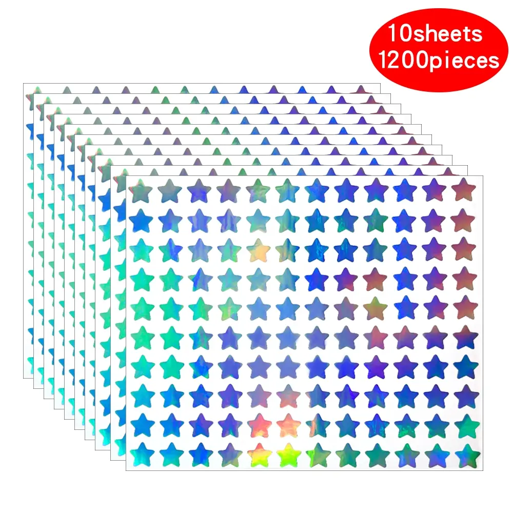1200 Stickers Per Pack, Bulk Quantity, Sticker Sheets, 0.4 Inch Holographic Laser Effect Finish Reflective Star Shaped Self-Adhesive Waterproof Bright Stickers Decoration Stickers Party Decor Decorative Stickers for Envelopes Journals Parties