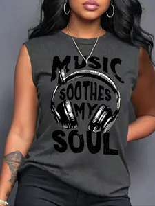 Women's Summer Casual Loose-Fit Vest, Music Earphones Print Design, Soft Comfortable Home Essential, Perfect for Daily Wear