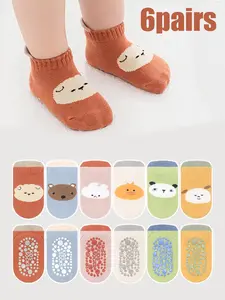 6 Pairs Children Socks Baby Walking Socks, Toddler Socks With Grips, Boys Girls Indoor Anti-Slip Floor Socks Cartoon Pattern Animal Print Slim-Fitting Unisex Fit Fun And Playful Adorable Animal Patterns Suitable For Children