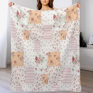 Patchwork Throw Blanket,Pink Boho Farmhouse Spring Floral Country Plaid Pattern Soft Cozy Warm Flannel Blankets for Sofa Couch Bed Gifts for Lover Kids Girls Boys Women Adults