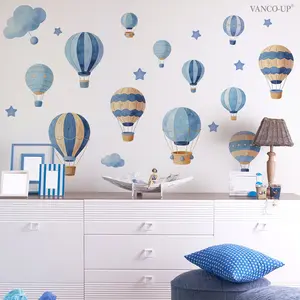2Pcs/Set (3060cm2pcs) Blue Hot Air Balloon Wall Stickers, Star And Cloud Wall Decals for Kids Nursery Bedroom Decoration