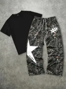 Men's Fashion Casual Two-Piece Set, New York Stars Print Regular Fit T-Shirt, Straight Camo Loose Pants, Summer Short Sleeve Tee & Sporty Long Pants