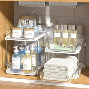 Delamu 2 Sets of 2-Tier Under Sink Organizers Clear Acrylic Drawers Stackable Bathroom & Kitchen Storage Solutions with 8 Adjustable Dividers for Efficient Organization