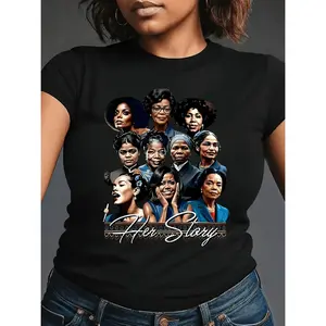 MEOD Women's Black Empowerment Portraits & "A Long Hot Story" Print Crew Neck T-Shirt - Casual Short Sleeve Spring/Summer Top, Machine Washable Regular Fit Non-Transparent Tee, Portrait Artwork, Nontransparent Fabric