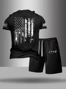 Two-Piece Set Men's American Flag Print Tee & Pocket Drawstring Waist Shorts Set, Regular Fit Casual Athletic Crew Neck Short Sleeve T-shirt & Track Shorts, Men's Clothing for Outdoor Activewear, Menswear