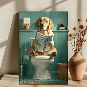 1 piece, 2D flat canvas - wooden frame, 16x24inch cm, Labrador Retriever Reading in the Toilet, wall decoration, Creative modern decoration, Modern home decoration, suitable for bedroom, living room, kitchen, office, birthday and holiday gift