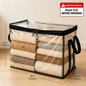 Large Clear Thick Plastic Storage Container With Attached Hinged Lid, Sturdy High Volume Organizer Designed For Household Item Arrangement, House Moving And Attic Space Storage Needs