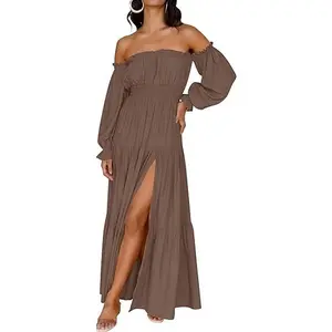 ZESICA Women's 2025 Boho Sexy Off Shoulder Long Sleeve Smocked High Waist Side Split Flowy A Line Tiered Long Maxi Dress